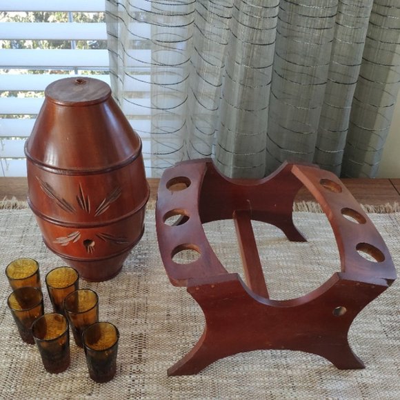 Wooden Barrel Set with 6 Glasses, Vintage Stand Caddy 9.5" - Picture 7 of 16
